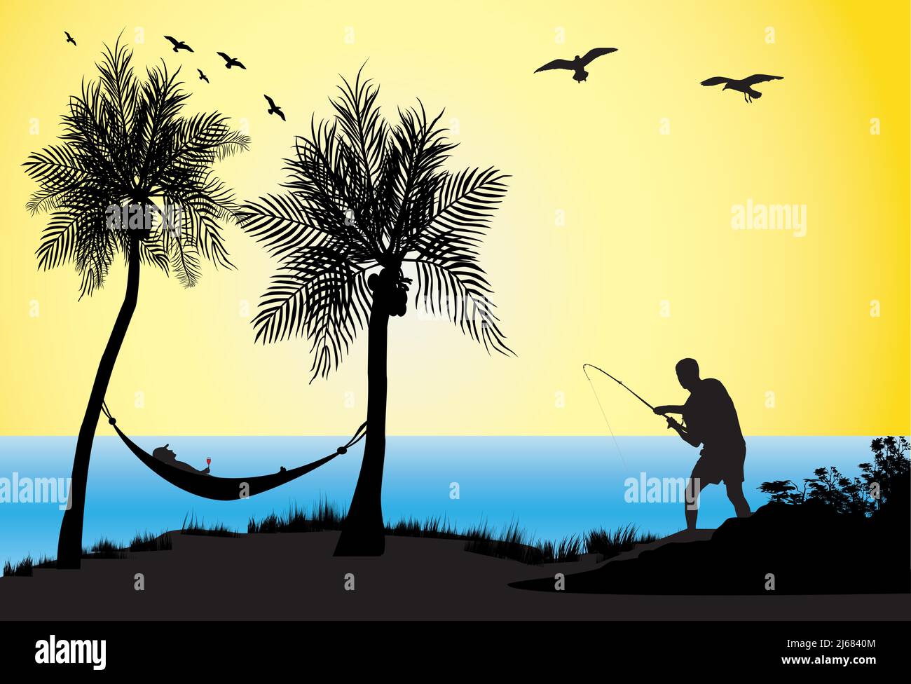 man fishing and a man enjoying a siesta with a glass of wine laying in a hammock Stock Vector