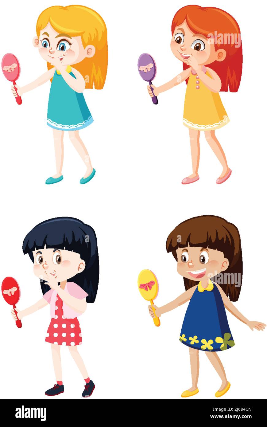 Set of different kids holding hand mirrors illustration Stock Vector