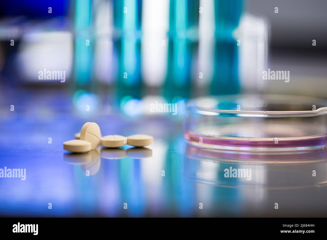 Pills in product quality testing laboratory stock photo Stock Photo