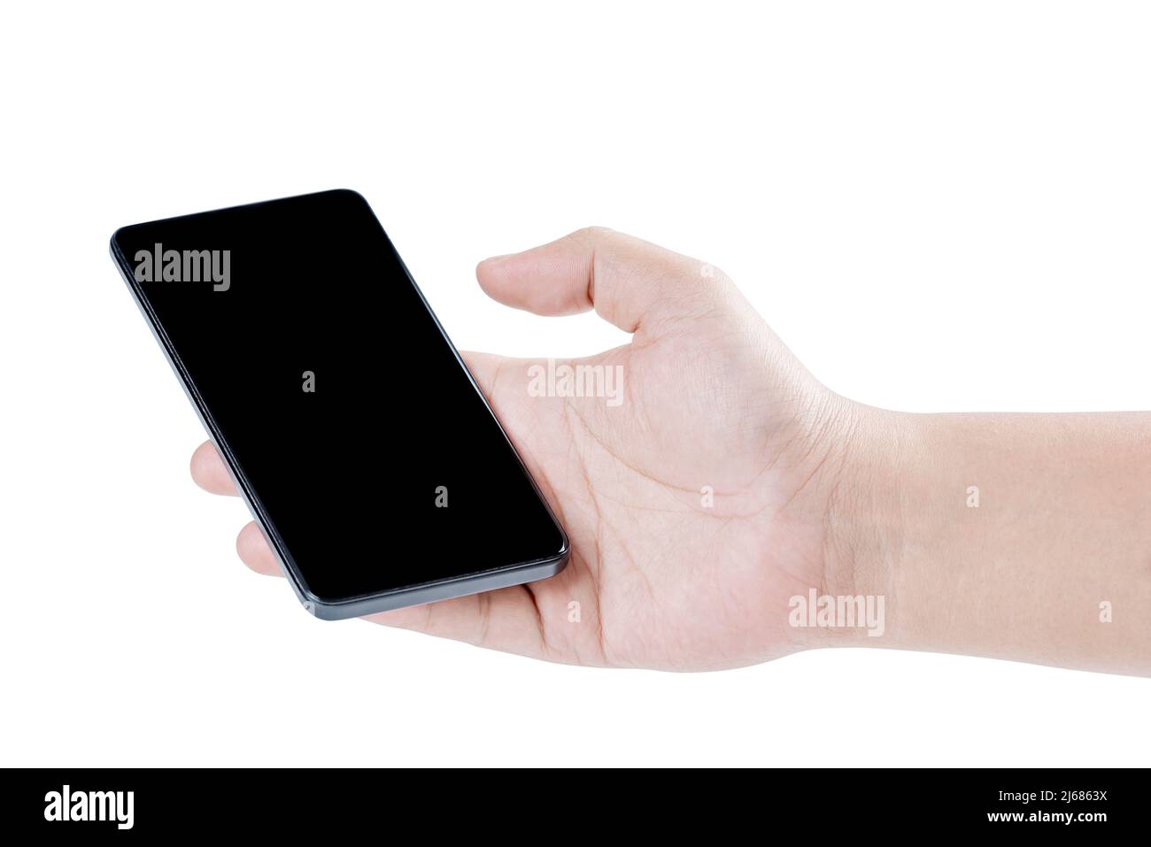 Hand holding mobile phone isolated over white background Stock Photo ...