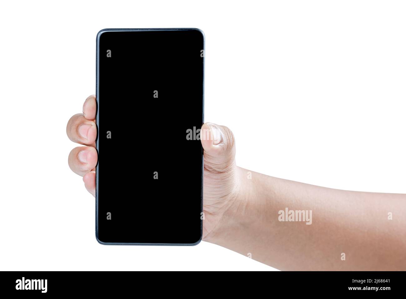 Hand holding mobile phone isolated over white background Stock Photo ...