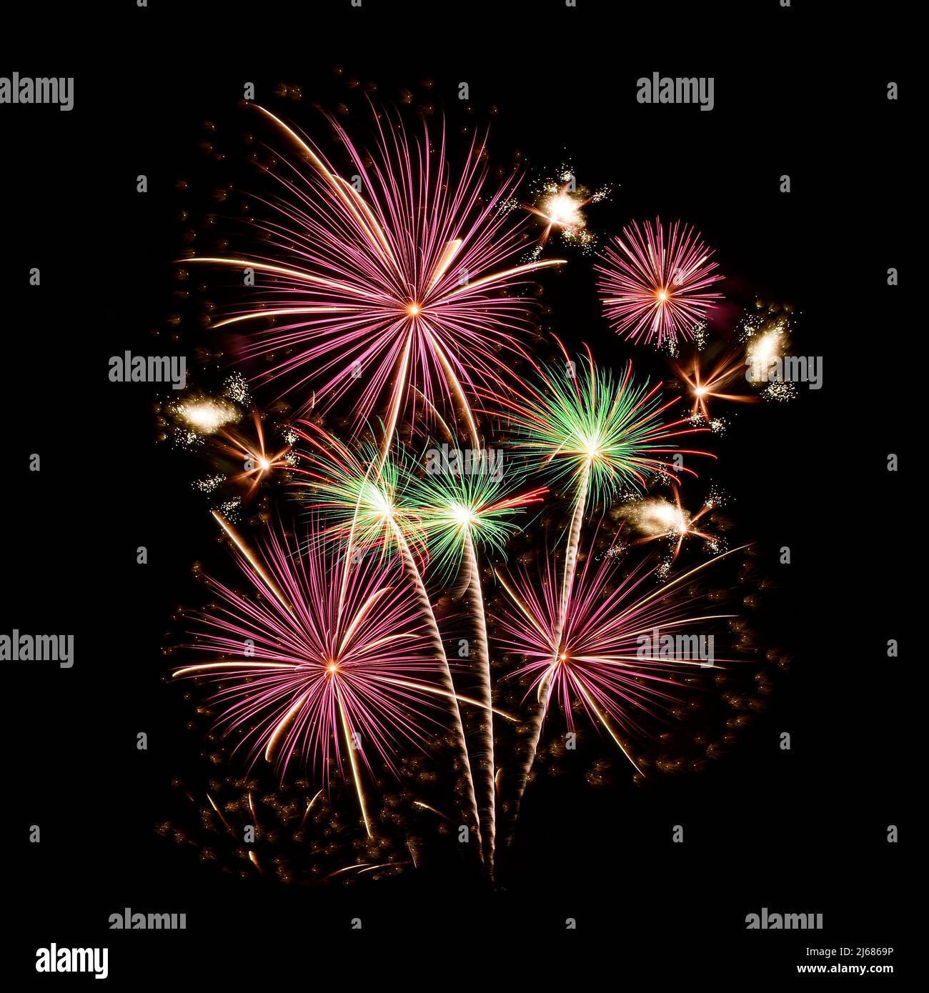 Firework bouquet isolated on black background for decoration on any images and websites. Stock Photo