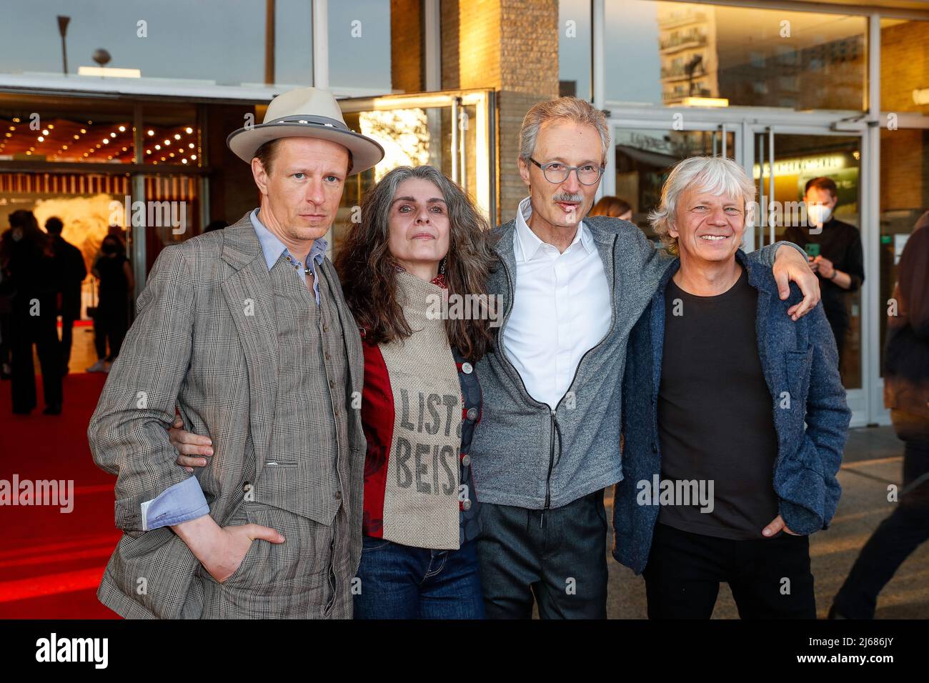 Berlin, Germany. 28th Apr, 2022. 28 April 2022, Berlin: Alexander Scheer (l-r), Laila Stieler, Bernhard Docke and Andreas Dresen arrive at the premiere of the film 'Rabiye Kurnaz vs. George W. Bush' at Kino International; the film won two Silver Bears at the Berlinale. Photo: Gerald Matzka/dpa Credit: dpa picture alliance/Alamy Live News Stock Photo