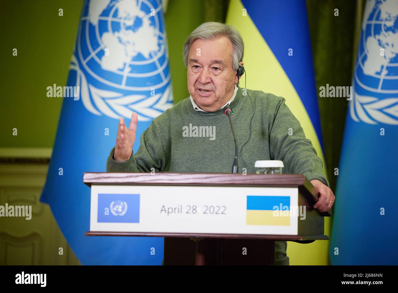 The President of Ukraine Volodymyr Zelensky met with the Secretary-General of the United Nations António Guterres (wearing olive color sweater) who arrived in Kyiv.  The President noted the importance of the UN Secretary-General's visit to Ukraine, as today it is our country that defends the principles of the United Nations Charter.  Before the meeting with the President of Ukraine, António Guterres visited the suburbs of Kyiv and saw with his own eyes the horrible war crimes of Russia in our country. PHOTO: Ukraine Presidential Office Stock Photo