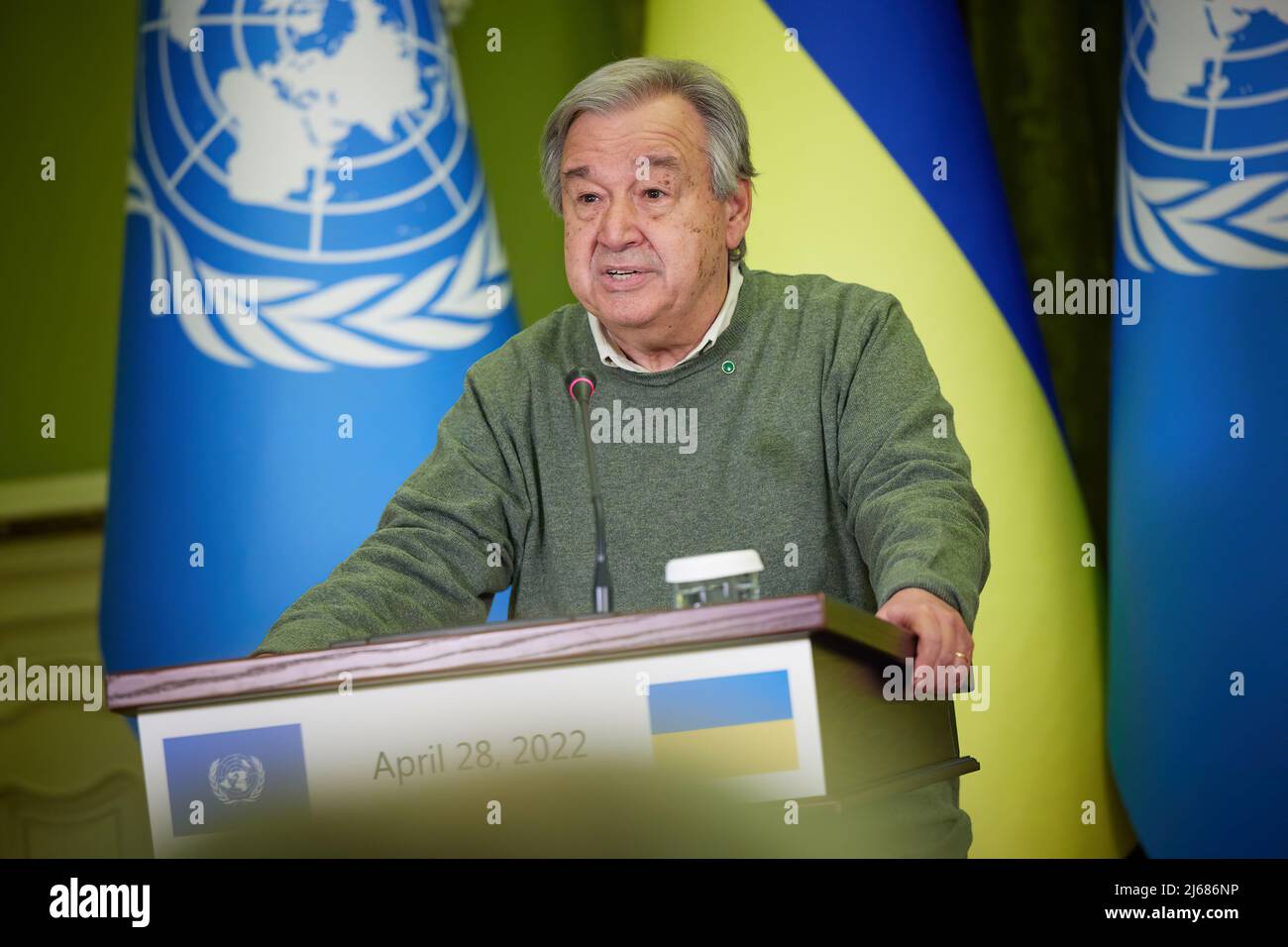 The President of Ukraine Volodymyr Zelensky met with the Secretary-General of the United Nations António Guterres (wearing olive color sweater) who arrived in Kyiv.  The President noted the importance of the UN Secretary-General's visit to Ukraine, as today it is our country that defends the principles of the United Nations Charter.  Before the meeting with the President of Ukraine, António Guterres visited the suburbs of Kyiv and saw with his own eyes the horrible war crimes of Russia in our country. PHOTO: Ukraine Presidential Office Stock Photo