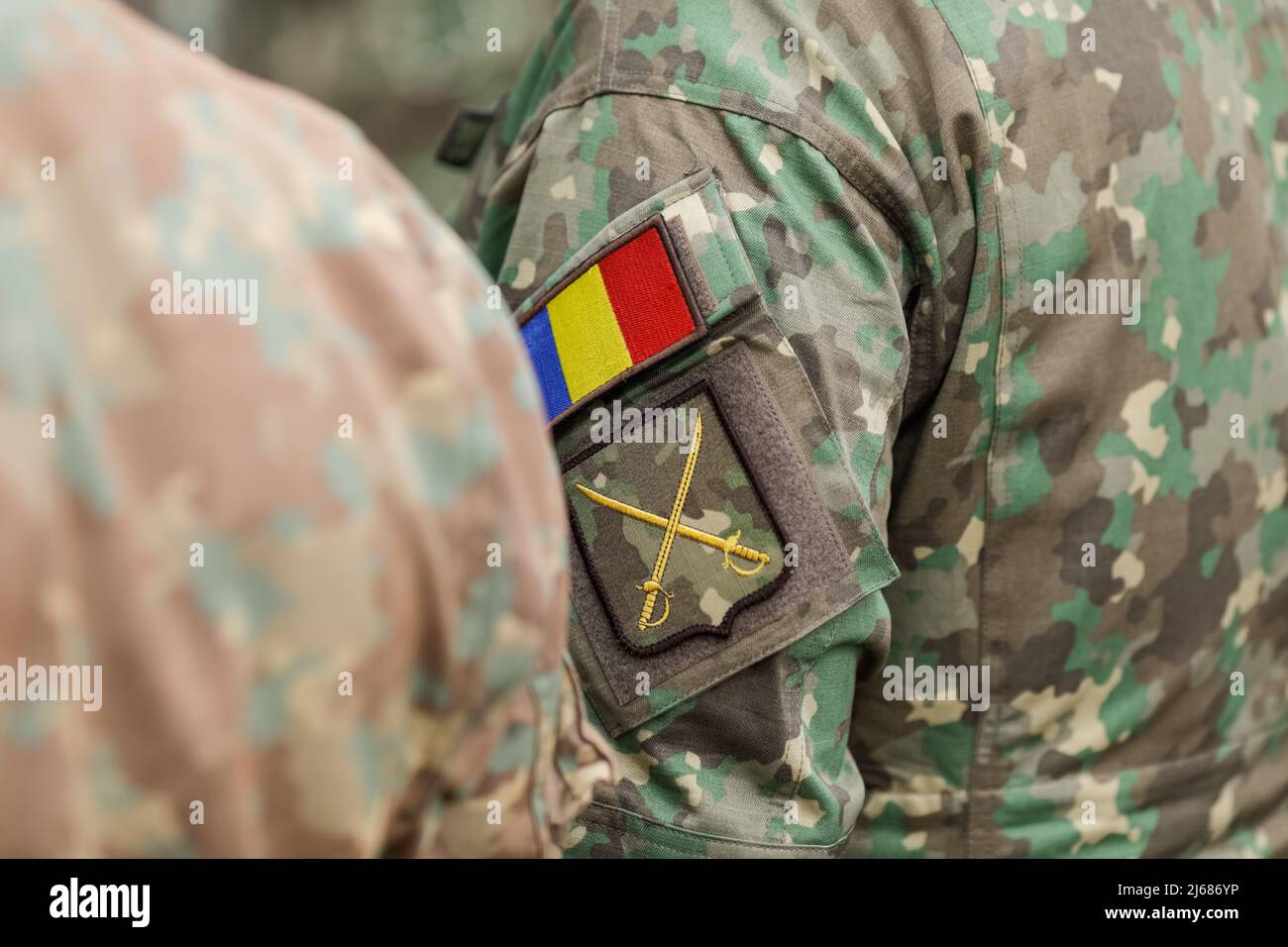 Bucharest, Romania - April 28, 2022: Shallow depth of field details with the Romanian Land Forces armband (brassard, armlet). Stock Photo