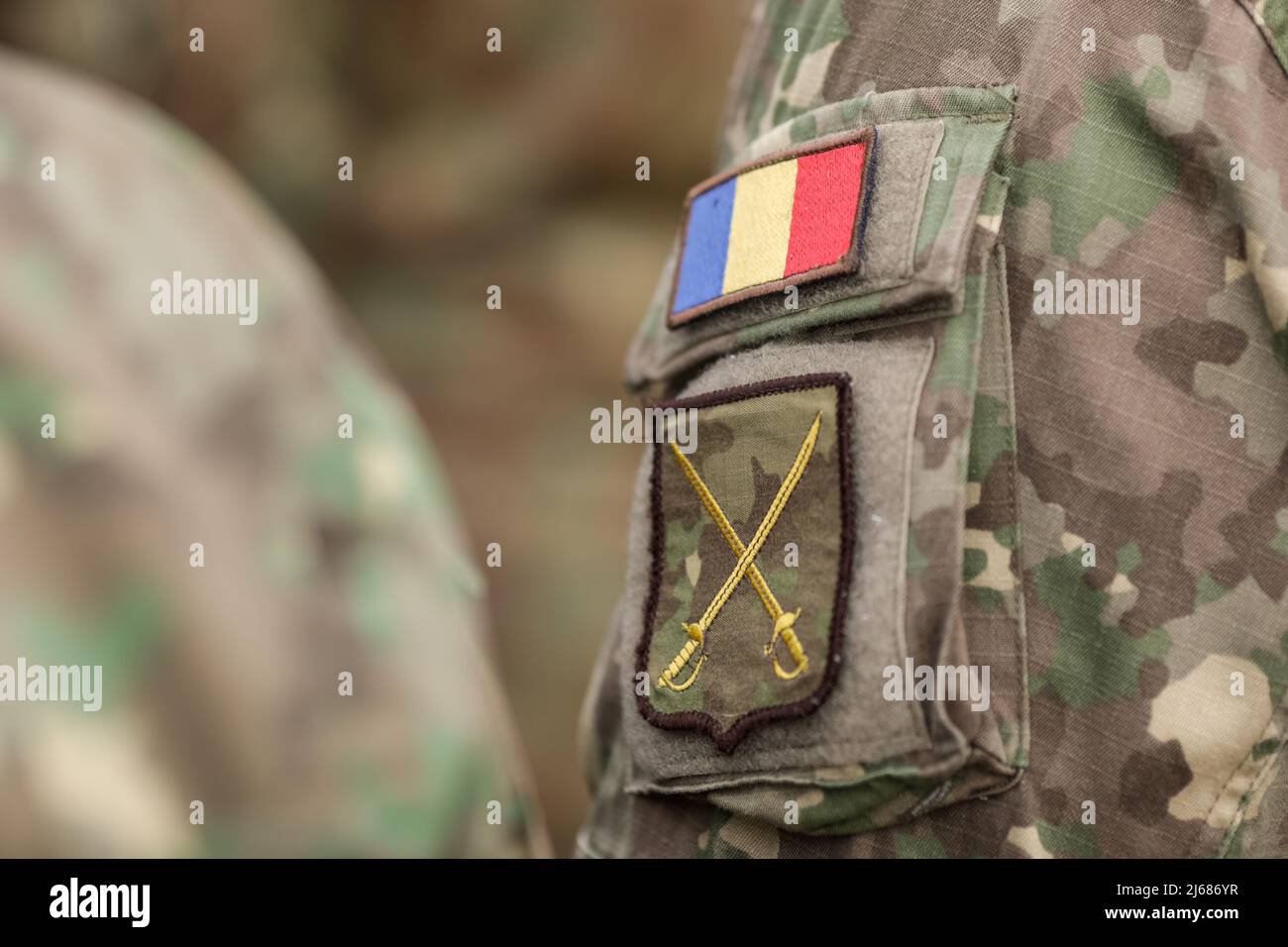 Bucharest, Romania - April 28, 2022: Shallow depth of field details with the Romanian Land Forces armband (brassard, armlet). Stock Photo