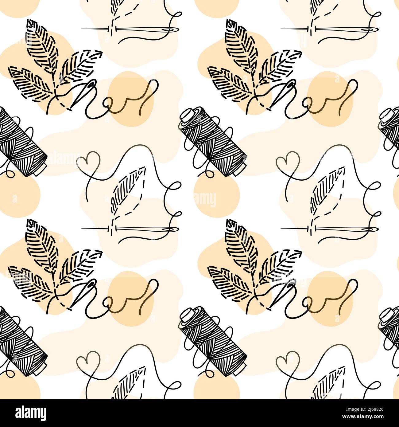 Seamless pattern of embroidered leaves, handdrawn doodles in sketch