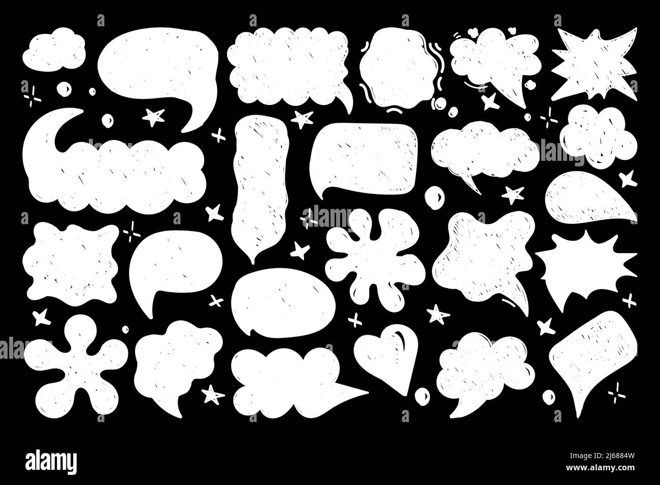 A set of speech bubbles with hand-drawn dialogue words in doodle style. Different forms of speech for comic book characters. White silhouettes on blac Stock Vector