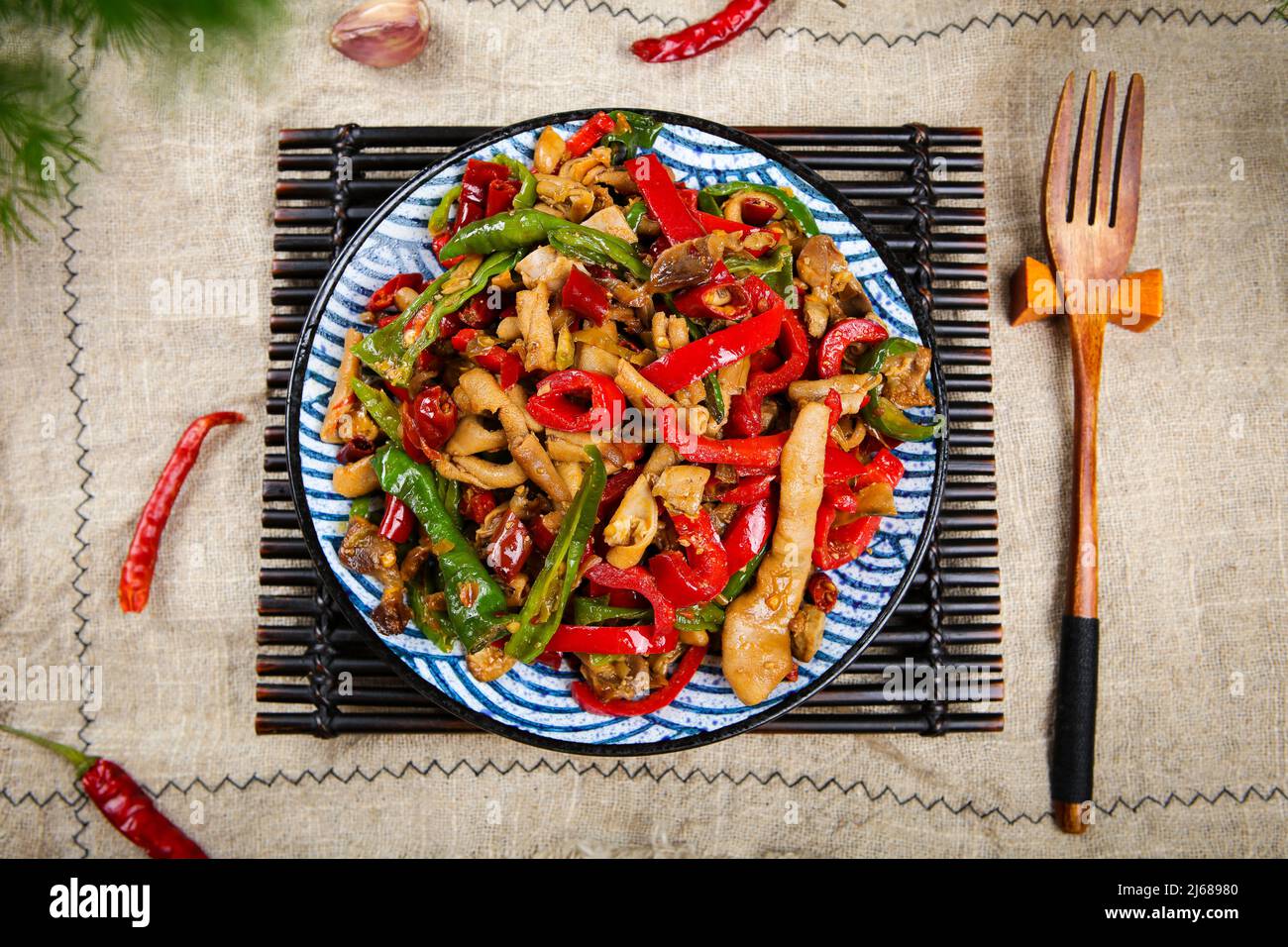 Green pepper red pepper Fried chicken giblets Stock Photo Alamy