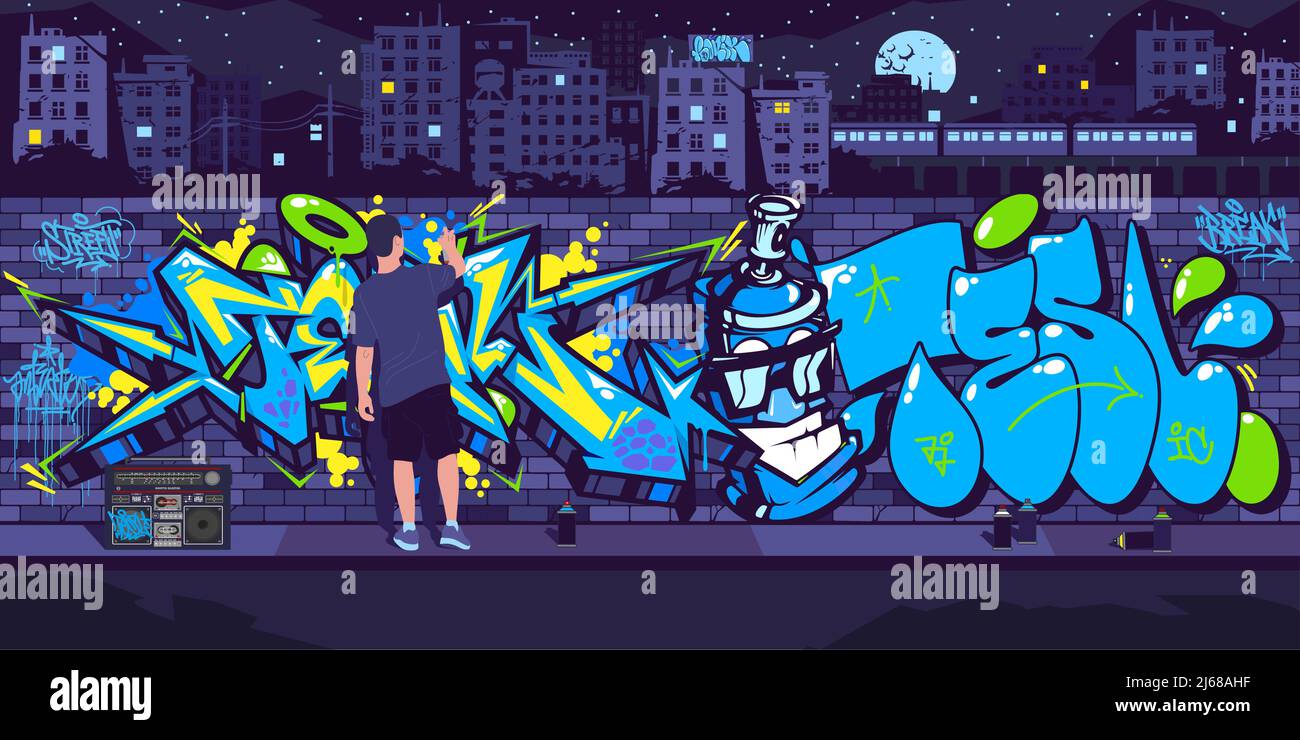 Dark Urban Graffiti Wall With Street Artist Painting Graffiti Drawings At Night Against The Background Of The Cityscape Vector Illustration Stock Vector