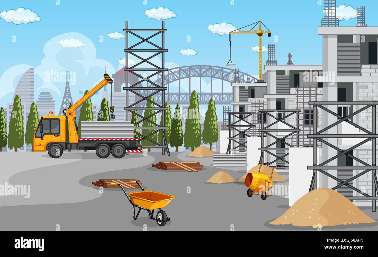 Cartoon scene of building construction site illustration Stock Vector Image  & Art - Alamy