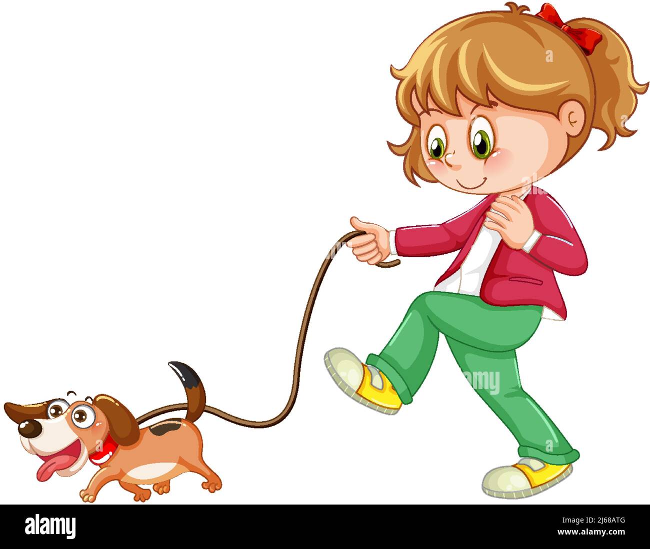 A girl walking her dog on white background illustration Stock Vector