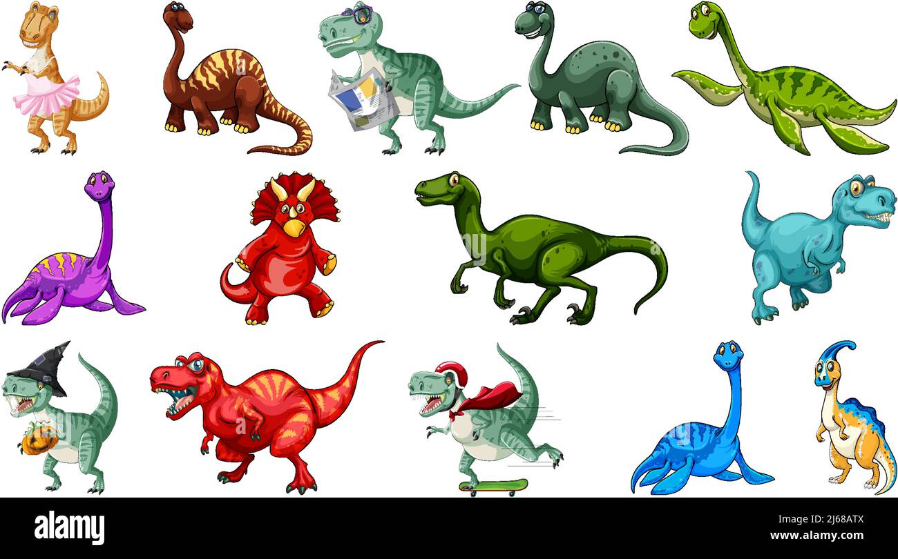 Many dinosaurs on white background illustration Stock Vector