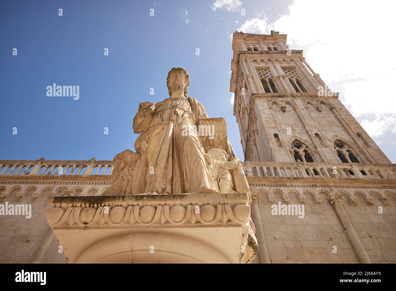 The city of Split in Croatia in the region of Dalmatia, Jesus Christ Statue in front of Cathedral of St. Lawrence Stock Photo