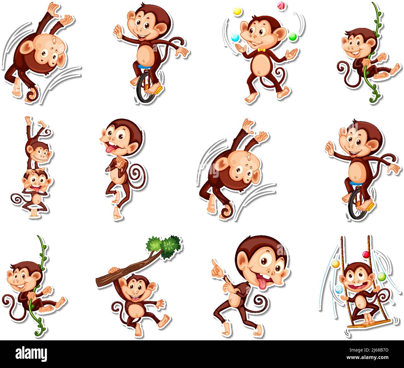 Sticker set of funny monkey cartoon characters illustration Stock ...