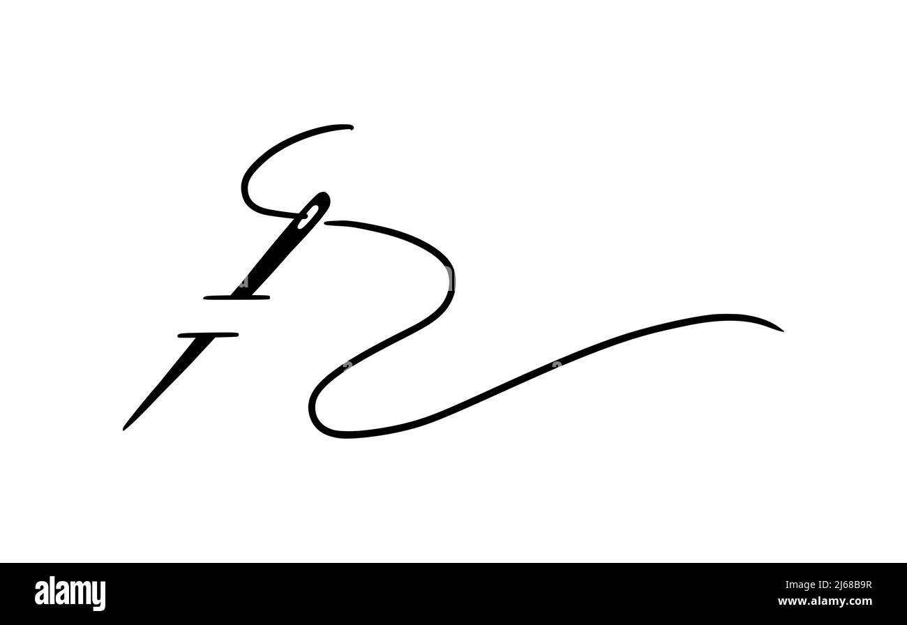 Tailor needle with thread. Hand drawn doodle sketch style sewing needle