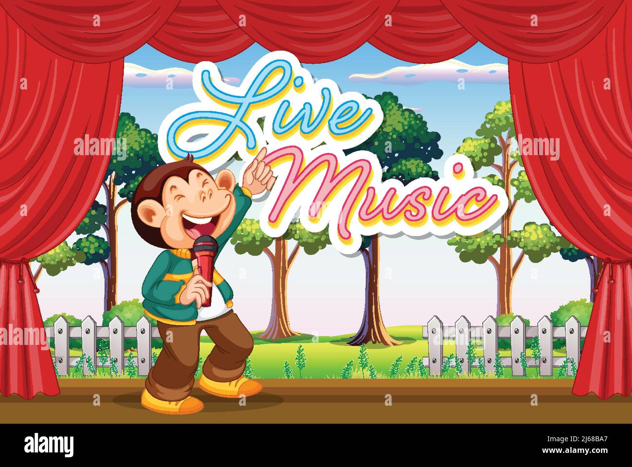 Funny monkey performing singing on stage illustration Stock Vector