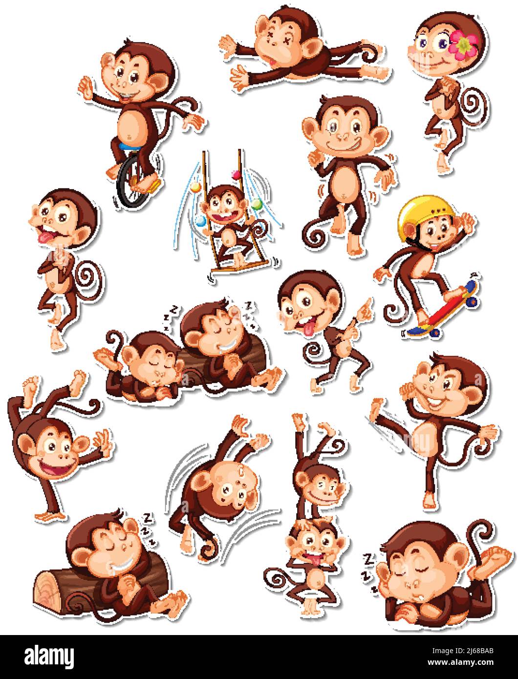 Sticker set of funny monkey cartoon characters illustration Stock ...