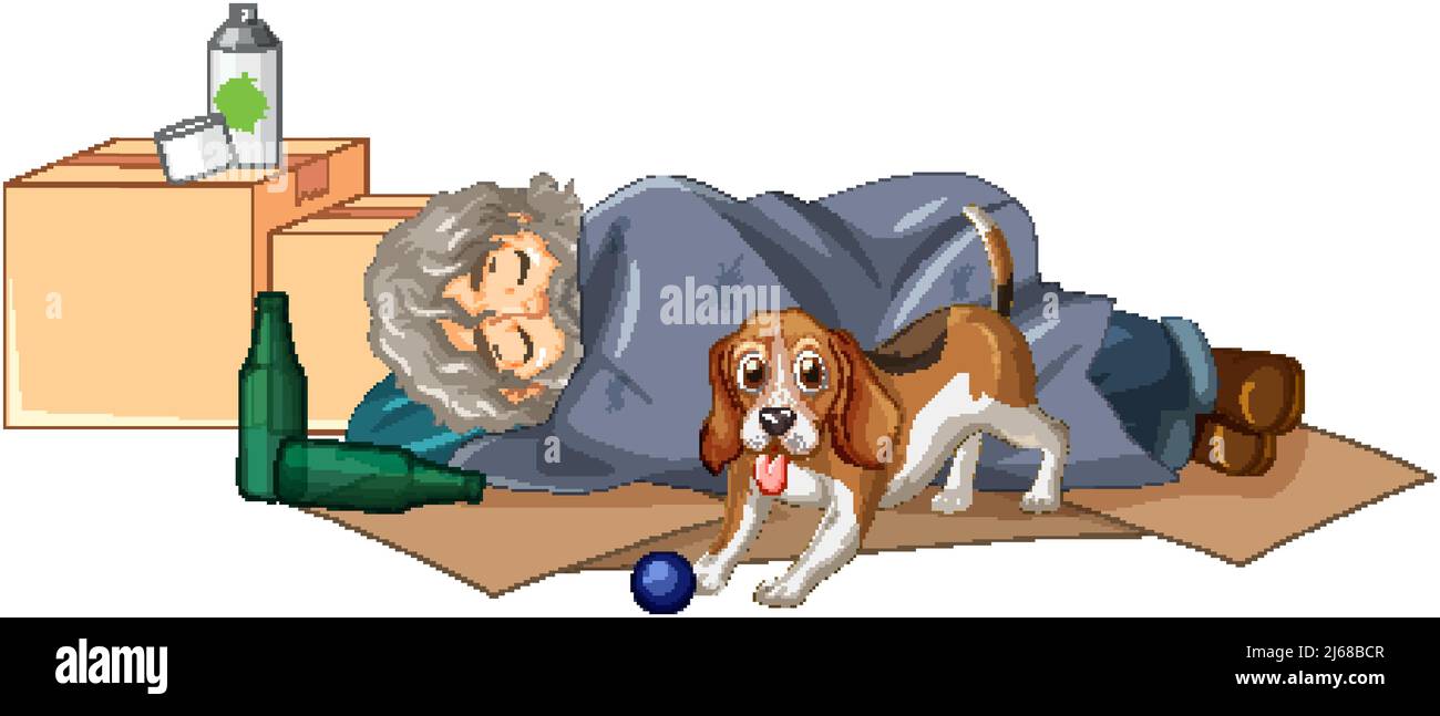Homeless old man sleeping with a dog illustration Stock Vector Image ...