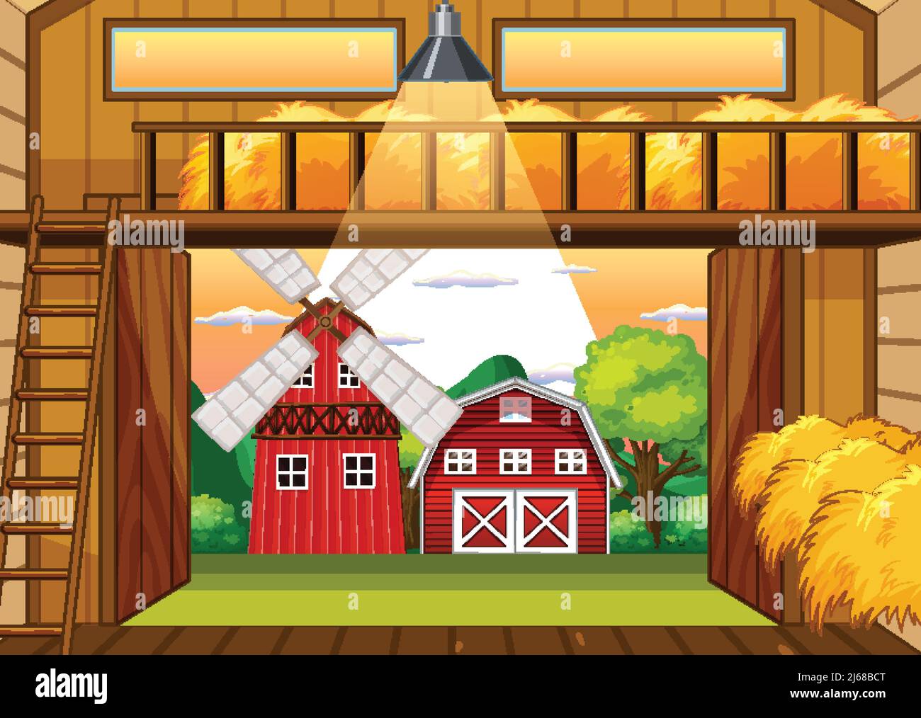 Farm scene with barn and windmill illustration Stock Vector Image & Art ...