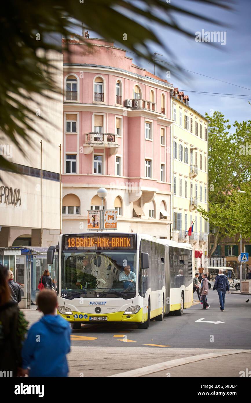 The city of Split in Croatia in the region of Dalmatia, bus leaving Prima Mall operated by Promet Stock Photo