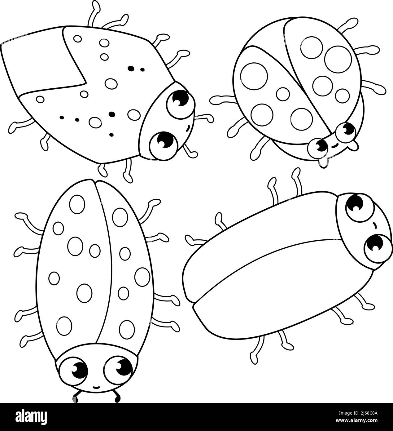 Set of cute bugs and beetles. Vector black and white coloring page Stock Vector