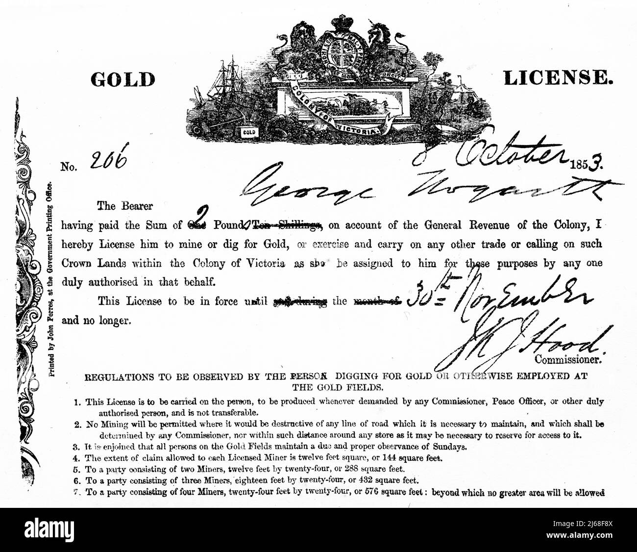 Engraving of a gold license issued to miners in VIctoria, Australia, 1853, which became a huge source of contention for miners. Stock Photo