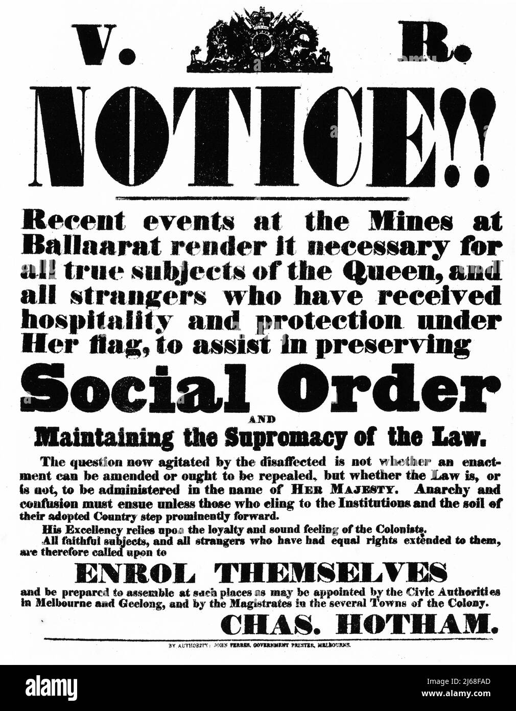 A notice issued to quell the rebellion of gold miners in VIctoria, Australia, 1854 Stock Photo