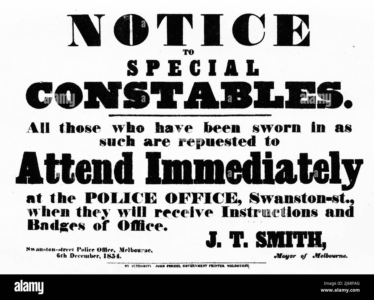 notice to special constables in VIctoria, Australia, 1854 Stock Photo