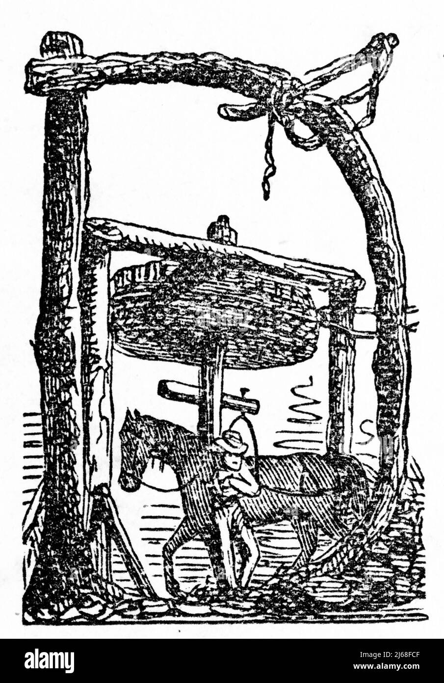 Engraving of embellished letter D from a chapter heading on the history of Ballarat, VIctoria, Australia. the illustration features a wheel used to stir up the paydirt and settle the gold. Stock Photo