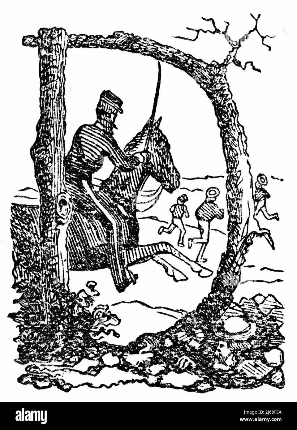 Engraving of embellished letter D from a chapter heading on the history of Ballarat, VIctoria, Australia. the illustration features a trooper chasing miners to check their mining licesnes - typical life on the goldfields. Stock Photo