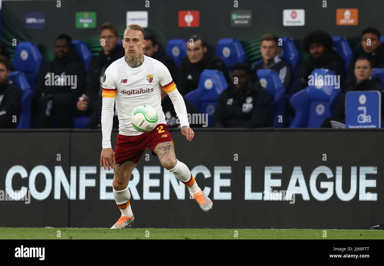 Leicester, UK. 28th April 2022.   Rick Karsdorp of AS Roma during the UEFA Europa Conference League match at the King Power Stadium, Leicester. Picture credit should read: Darren Staples / Sportimage Credit: Sportimage/Alamy Live News Stock Photo