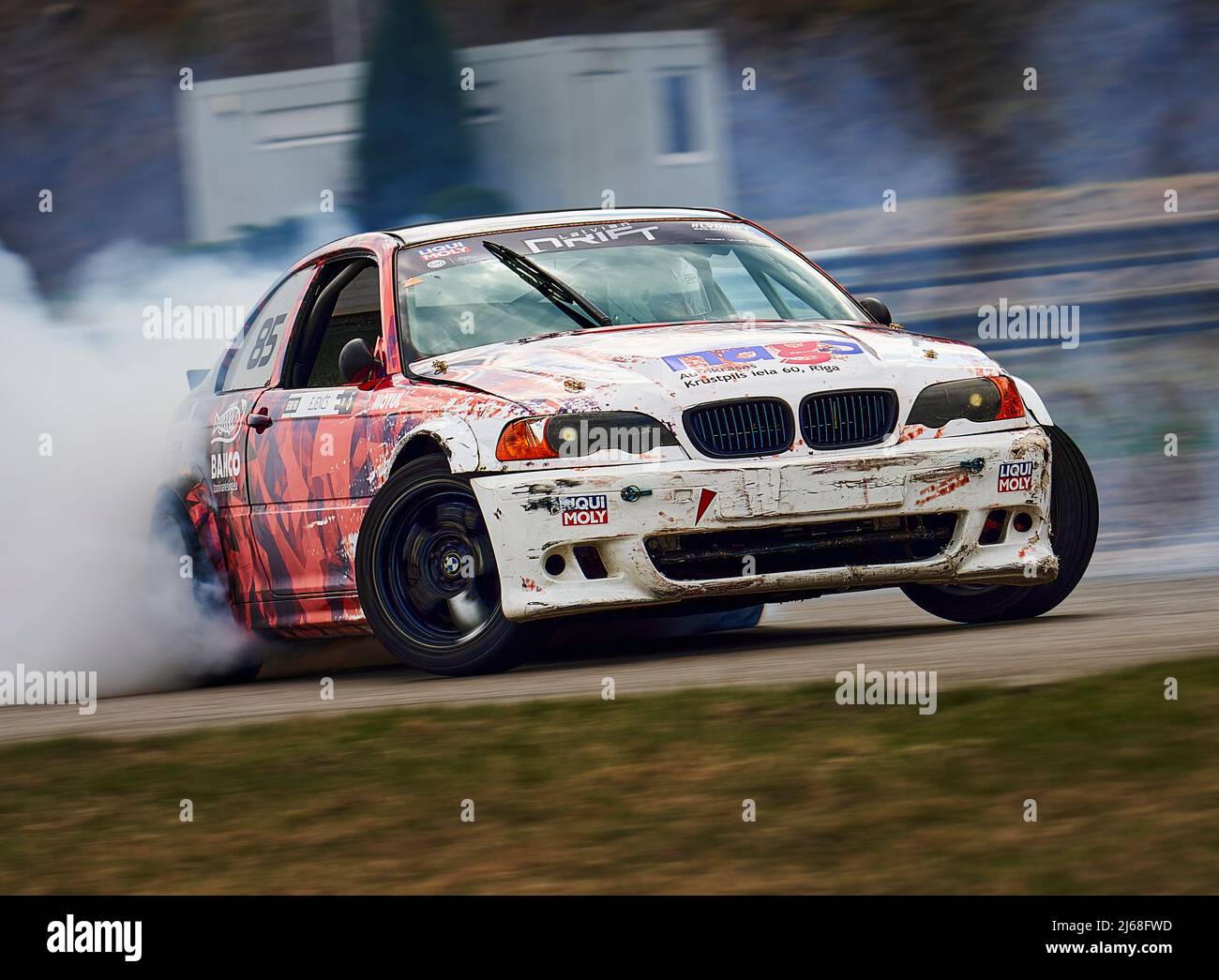 Car drifting image diffusion race drift car with lots of smoke from burning  tires on speed track Stock Illustration