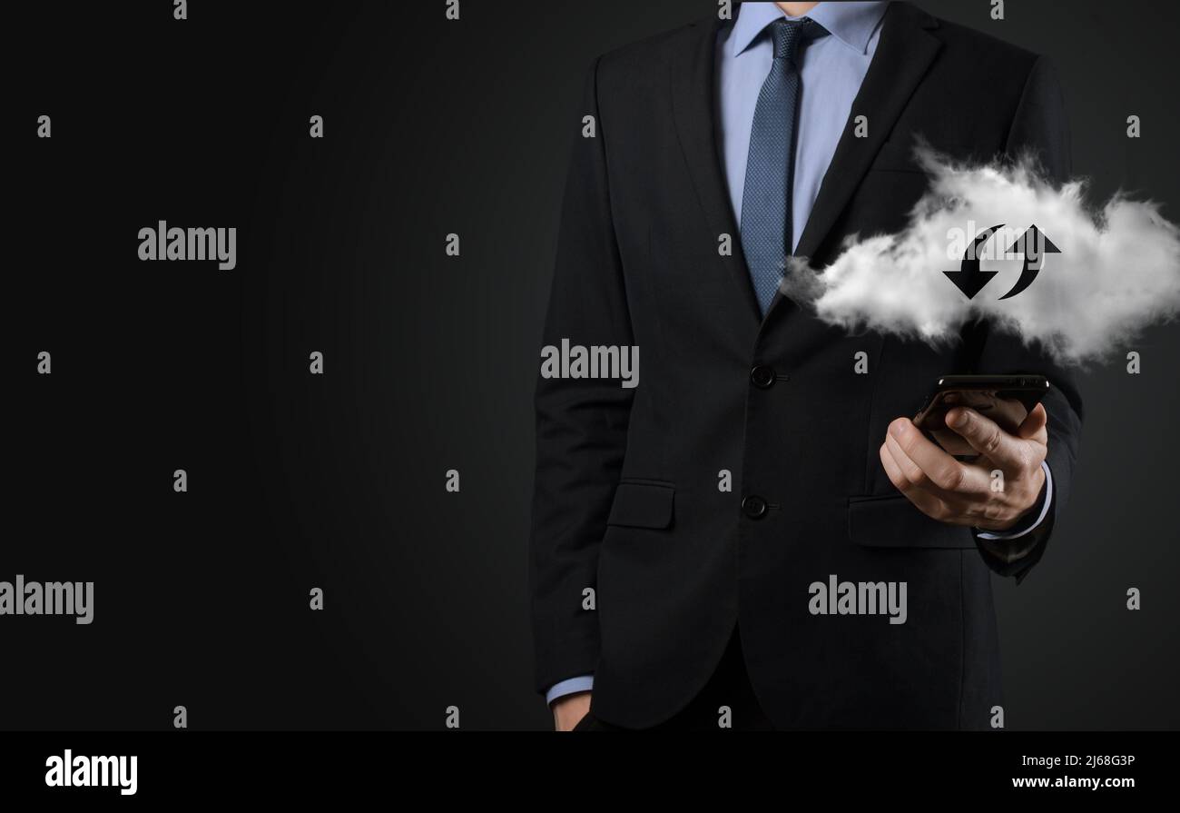Cloud technology. Polygonal wireframe cloud storage sign with two arrows up and down on dark . Cloud computing, big data center, future infrastructure Stock Photo