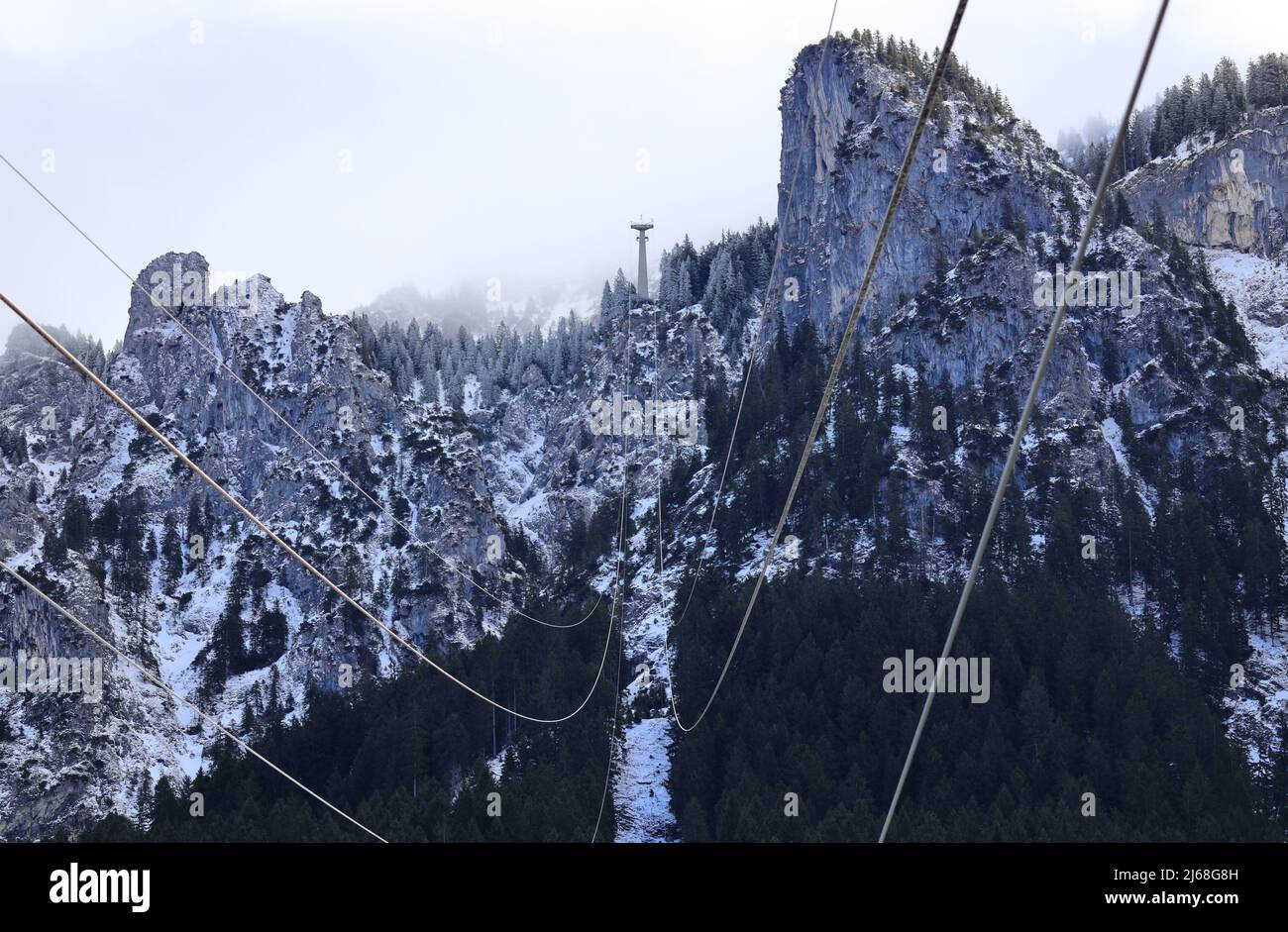Cable car and cable way on Tegelberg mountain. Bavarian Alps, Germany, Europe. Stock Photo
