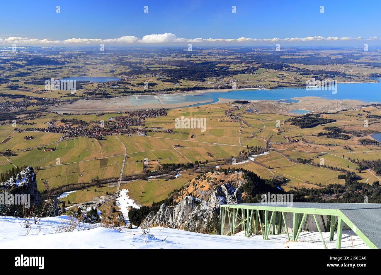 A Panorama view of a winter landscape from Tegelberg mountain near Füssen, Bavaria, Germany, Europe. Stock Photo