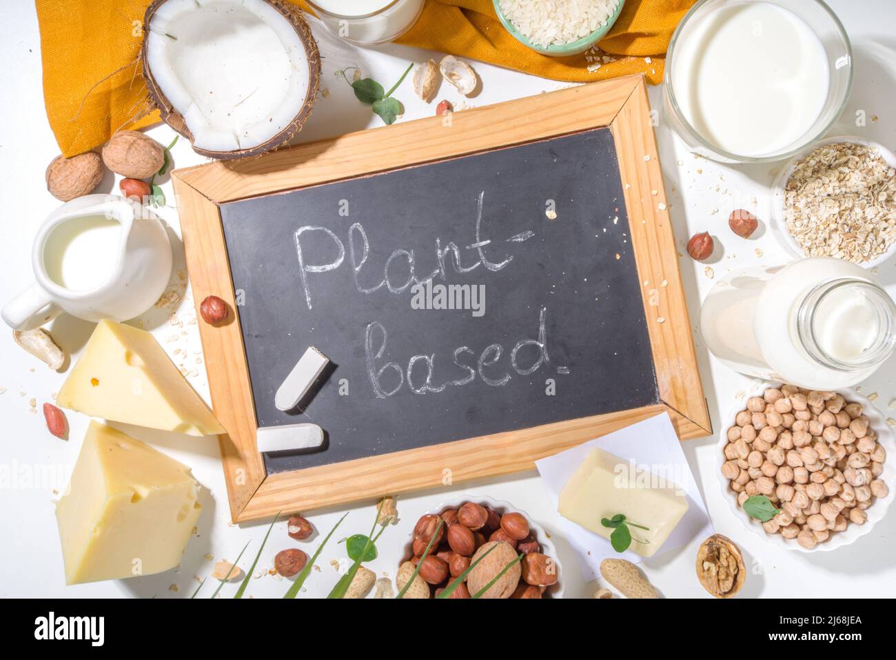 Vegan nondairy products. Plantbased alternative dairy products milk