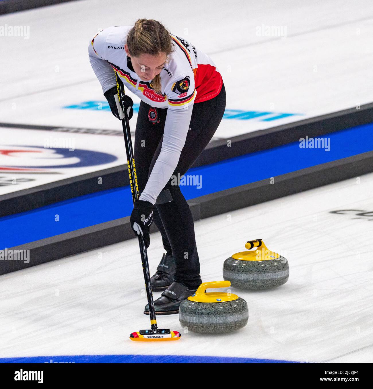 Geneva Switzerland, 29th April 2022 Pia-Lisa SCHOELL of Team Germany is in action during the World Mixed Doubles Curling Championship 2022