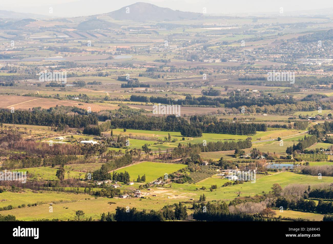 aerial view or view from above looking down on scenic agricultural  landscape region of Paarl, Western Cape, South Africa in Winter Stock Photo