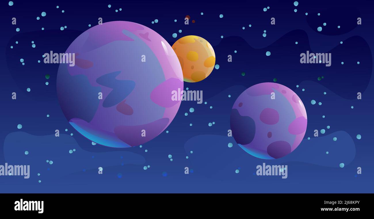 Satellite planets in space. Beautiful scenery. Cartoon flat style design. Starry sky. Vector. Stock Vector