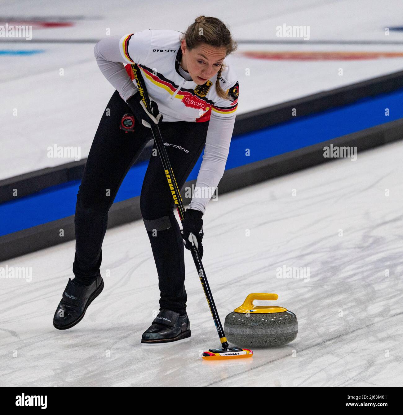 Geneva Switzerland, 29th April 2022 Pia-Lisa SCHOELL of Team Germany is in action during the World Mixed Doubles Curling Championship 2022