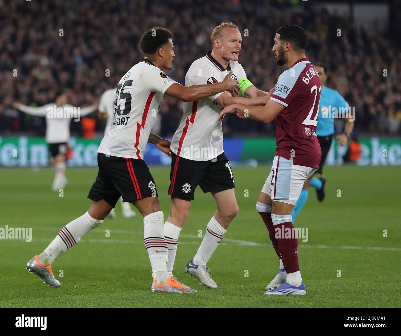 London,UK. 28th April 2022.  Saïd Benrahma of West Ham United and Sebastian Rode of Eintracht Frankfurt clash during the UEFA Europa League match at the London Stadium, London. Picture credit should read: Paul Terry / Sportimage Credit: Sportimage/Alamy Live News Stock Photo