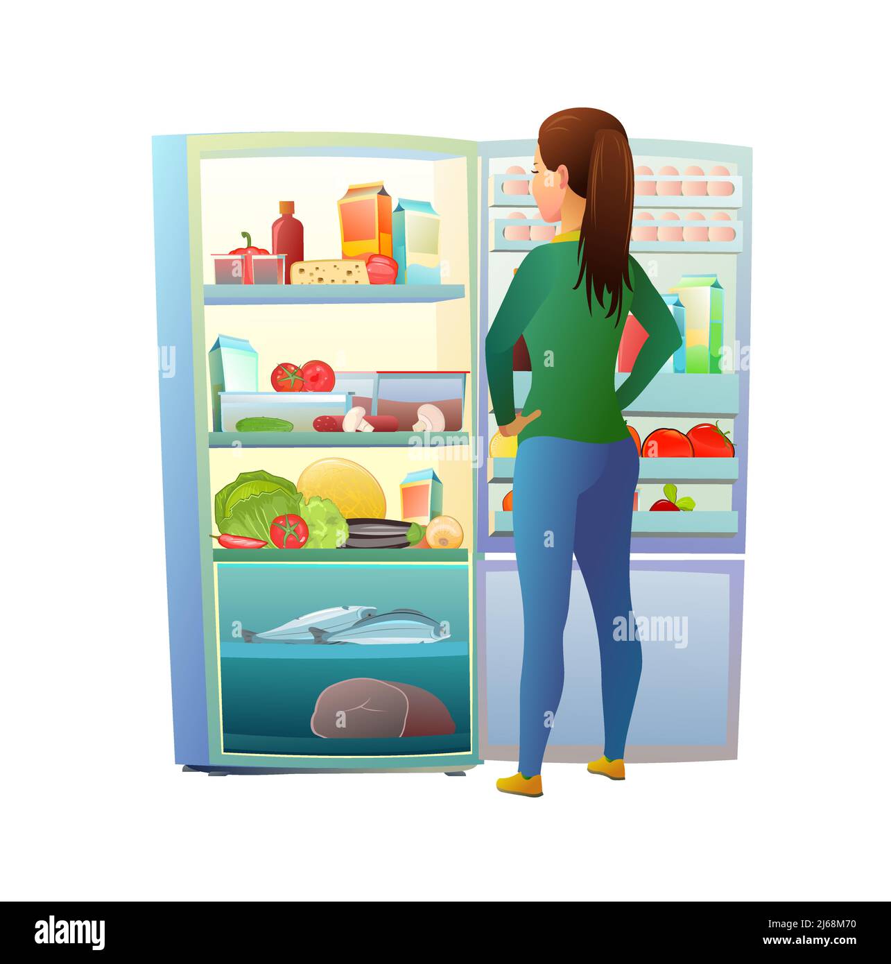 Girl standing in front of refrigerator. Choice of food. Diet violation. Illustration is isolated on white background. Vector. Stock Vector