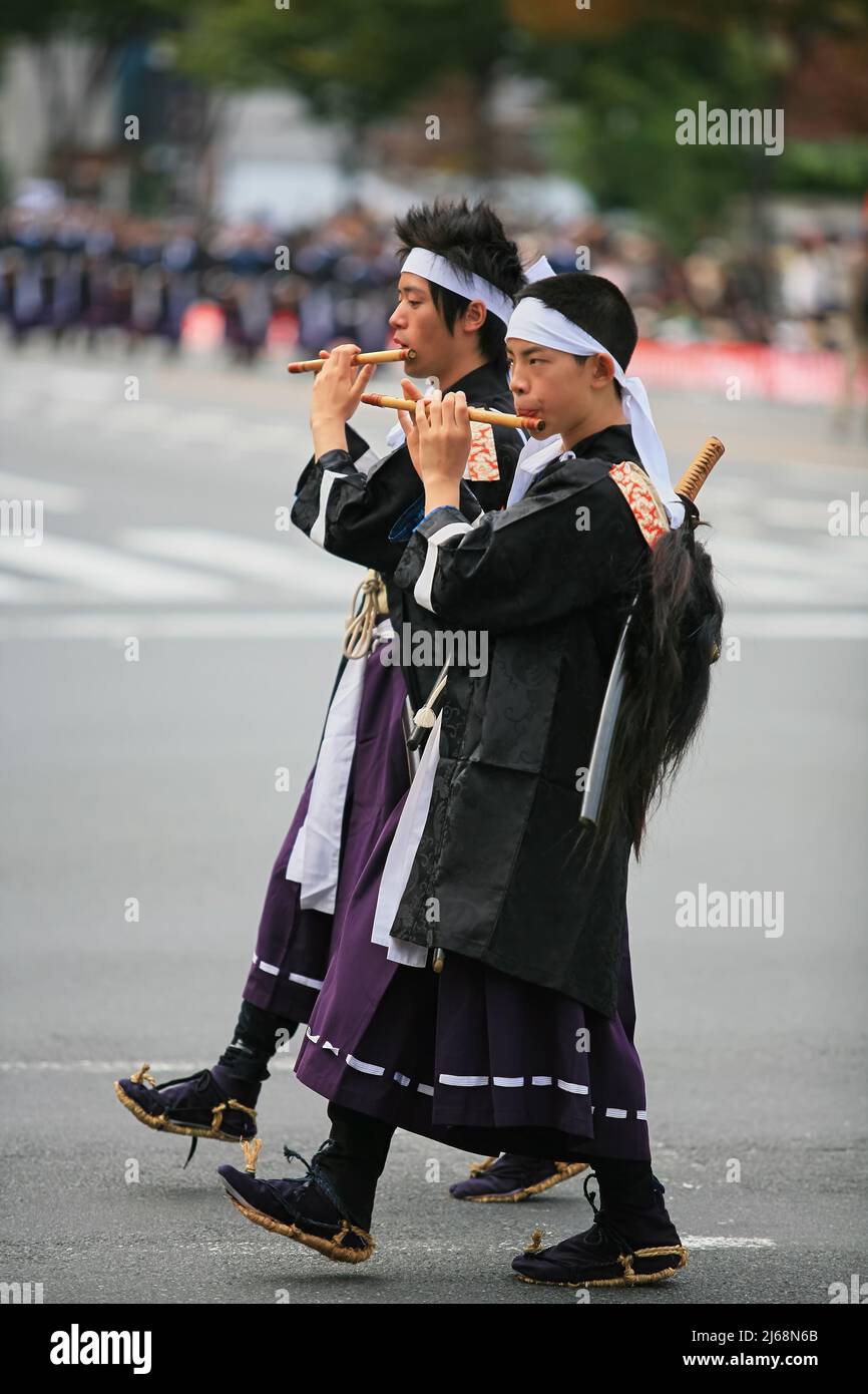 Kyoto, Japan - October 22, 2007: Meiji imperial army drum and fife corps, the soldiers from the Tanba region of Kyoto who fought on the pro-imperial s Stock Photo