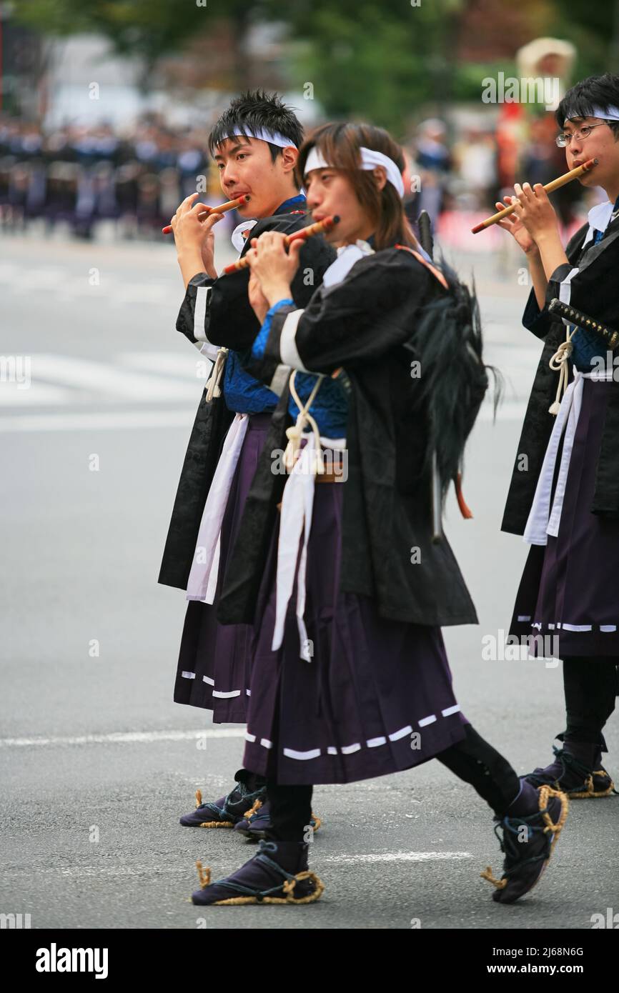 Kyoto, Japan - October 22, 2007: Meiji imperial army drum and fife corps, the soldiers from the Tanba region of Kyoto who fought on the pro-imperial s Stock Photo