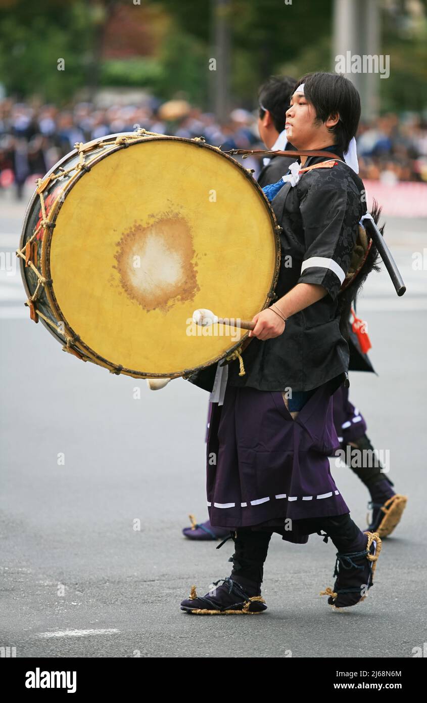 Kyoto, Japan - October 22, 2007: Meiji imperial army drum and fife corps, the soldiers from the Tanba region of Kyoto who fought on the pro-imperial s Stock Photo