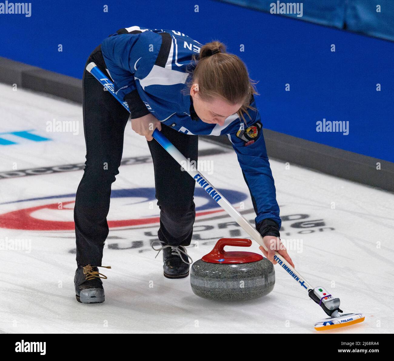 Geneva Switzerland, 29th April 2022 Lotta IMMONEN of Finland is in action during the World Mixed Doubles Curling Championship 2022