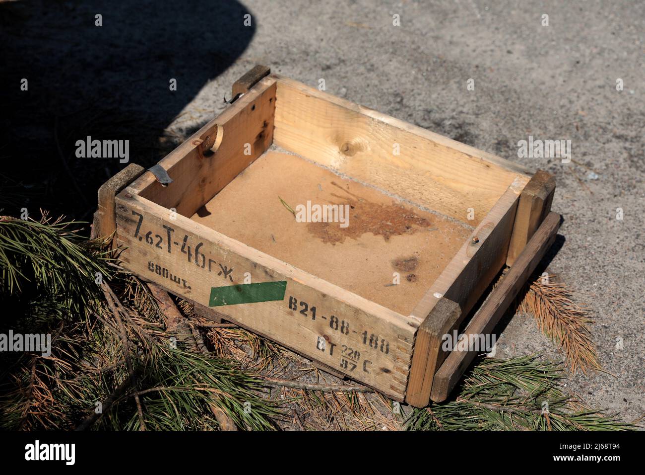 KYIV REGION, UKRAINE - APRIL 28, 2022 - A Russian ammunition box is pictured in the Chornobyl Exclusion Zone after the withdrawal of Russian troops, K Stock Photo