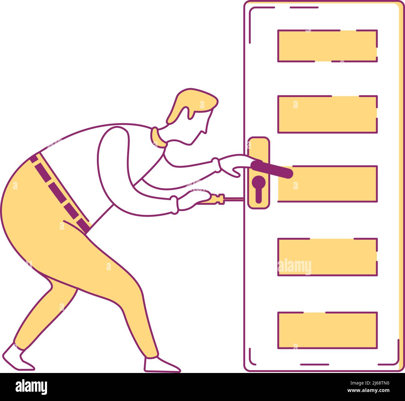 Maintenance worker fixing door lock semi flat color vector character Stock Vector